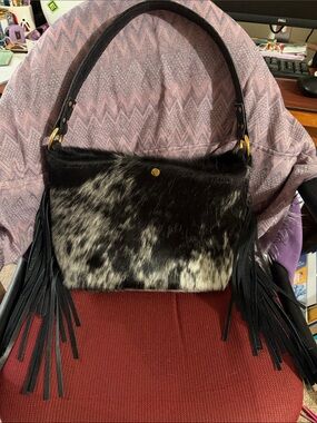 Wild goose Black and White Cowhide Fringe Shoulder Bag -